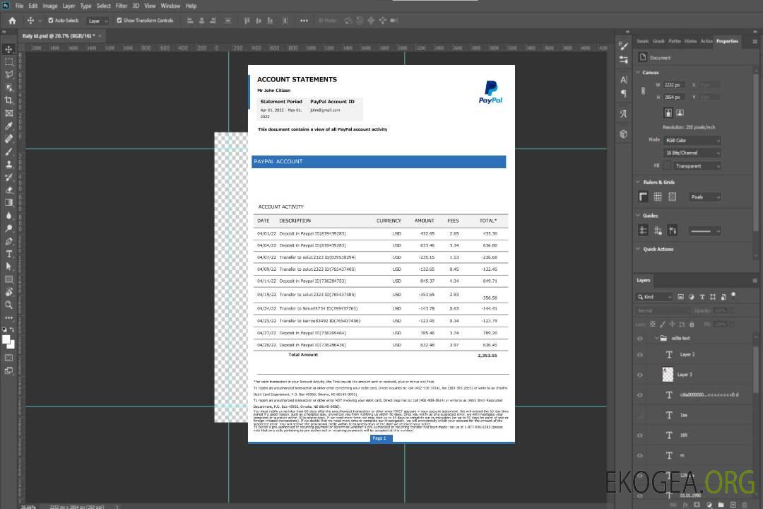 Relevé de compte PayPal aux États-Unis template Relevé de compte PayPal aux États-Unis template